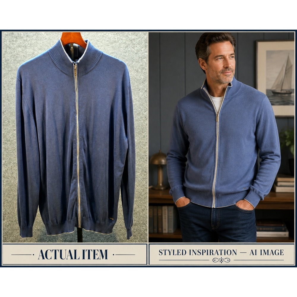 Codice Full Zip Cardigan Mens Cotton Cashmere Blue 56 Excellent Luxury Classic